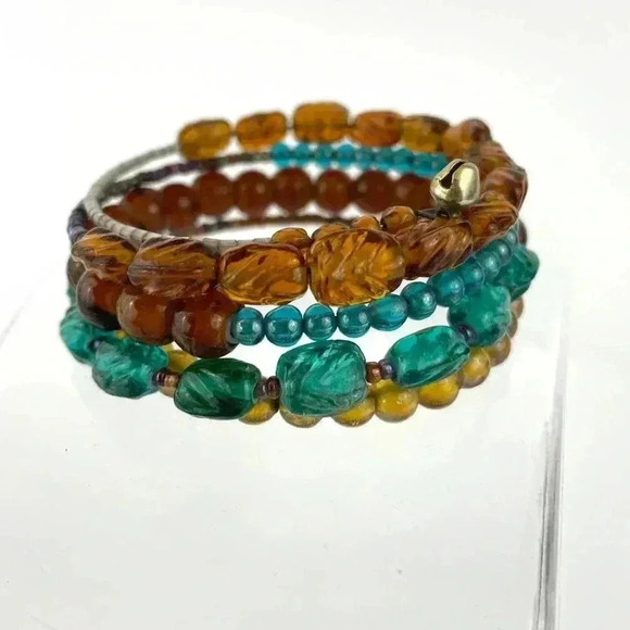 VTG Multi Lucite Carved Beaded Bangle Wired Wrap Bracelet Brown Blue Bell Chime - Picture 9 of 10